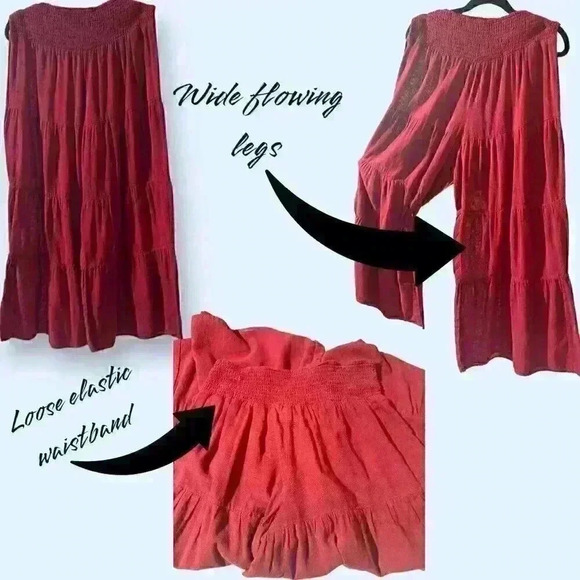 Boho Chic Wide Layered Ruffle Leg Pants With Elastic Waistband - Maroon - Picture 2 of 2